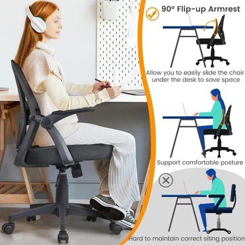 Miniatura 8 de Yaheetech Silla de oficina en casa, silla de escritorio de trabajo, silla giratoria de malla para computadora con brazos abatibles, altura Negro