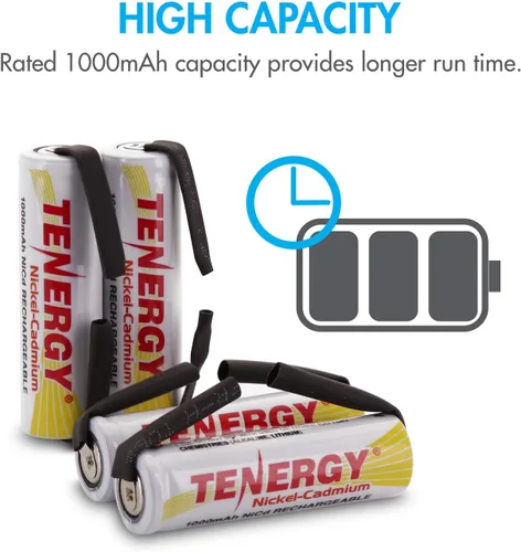 Miniatura 2 de Tenergy Batería recargable AA NiCD de 1.2 V, baterías de alta capacidad de 1000 mAh con pestañas para afeitadoras, recortadoras, maquinillas