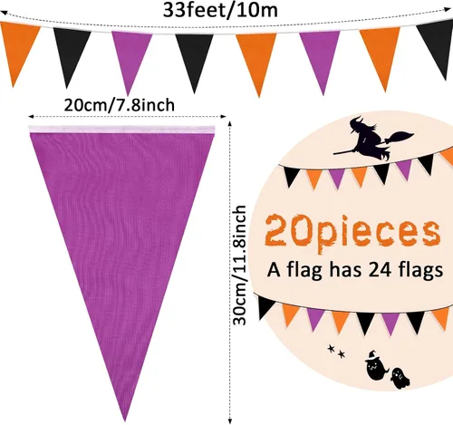 Miniatura 2 de Tatuo Banderín de Halloween de 656 pies, 20 unidades, bandera triangular, morado, naranja, negro, banderines de tela, banderines de tela para fiesta
