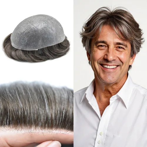 Miniatura 77 de FNY HAIR - Tupé para hombres, sistema de cabello humano, piel ultrafina, PU con bucle en V, prótesis de cabello natural para hombres, #1B05 1B# OFF
