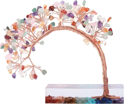 Miniatura 10 de rockcloud Árbol de dinero de piedra de cristal aguamarina con base de resina de chakras, hecho a mano, árbol bonsái de Feng Shui, decoración de Azul