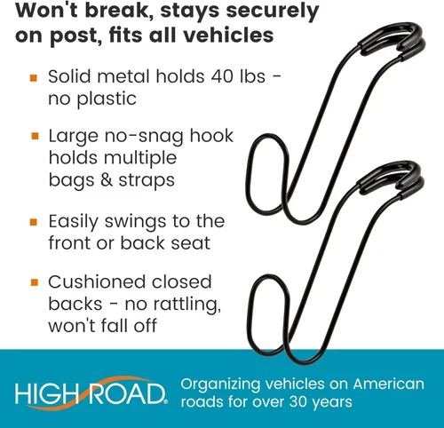 Miniatura 2 de High Road Ganchos Irrompibles para Bolsas de Automóvil - Grandes, Ganchos de Metal Sólido para Asiento de Automóvil para Bolso, Mochila, Abrigos