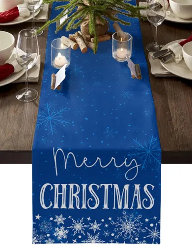 Camino de mesa de Navidad de 48 pulgadas de largo, diseño de arpillera y algodón para cocina, redondo, cuadrado, boda, café, mesa de comedor, Copo