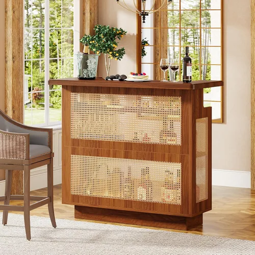 Miniatura 4 de Tribesigns: unidad de bar para el hogar de ratán, mesa de bar de 4 estantes estilo granja con 4 portavasos y base elevada, gabinete de bar