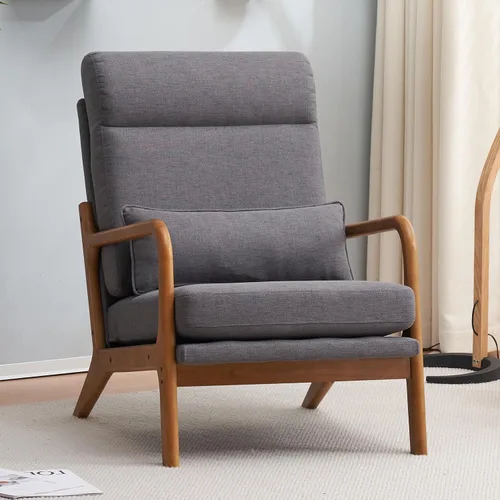 Miniatura 14 de Silla decorativa con cojín, moderno sillón tapizado de mediados de siglo, sofá de lectura individual, respaldo alto con tela de lino + marco