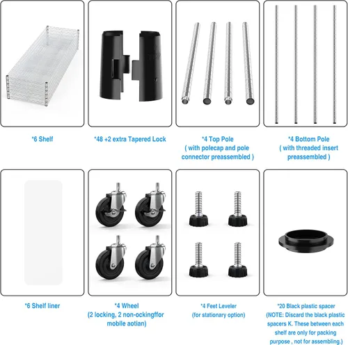 Miniatura 6 de Estantería de alambre de metal NSF de 6 niveles, capacidad de 6000 libras, estante de almacenamiento ajustable resistente con ruedas y Cromado