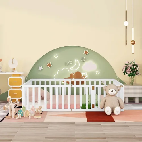 Miniatura 3 de Cama de plataforma tamaño Queen con valla, marco de cama de piso de madera maciza con puerta, marco de sofá cama tamaño Queen, color blanco