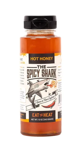 The Spicy Shark Hot Honey Botella de 12 onzas 100% pura miel picante caliente, fabricada en los Estados Unidos, sin gluten y paleo, marca presentada