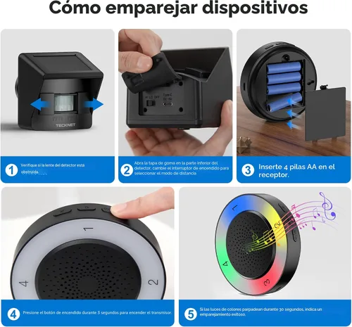 Miniatura 7 de TECKNET Alarma de entrada inalámbrica solar con rango largo de 800m y 36 melodías y 5 volúmenes y admite 4 zonas, alarma de sensor de movimiento