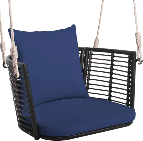 Miniatura 13 de Tangkula - Columpio de ratán con asiento colgante para 1 persona y cojines de asiento y respaldo, marco de metal y 2 cuerdas resistentes para Azul