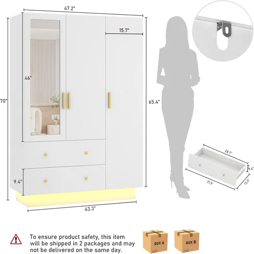 Miniatura 2 de Armario de 3 puertas con espejo, armario LED con puertas y cajones, armario de almacenamiento de madera con barra para colgar, estantes ajustables