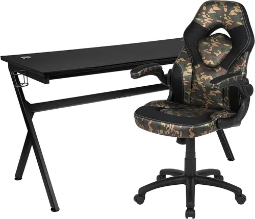 Miniatura 60 de Flash Furniture Juego de escritorio para juegos negro y silla de carreras blanco/negro con soporte para tazas, gancho para auriculares y soporte
