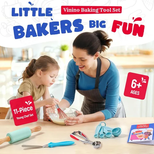 Miniatura 2 de Vinino Juego de 11 piezas para hornear y cocinar para niños, utensilios de hornear reales con libros de cocina para niños, accesorios de cocina