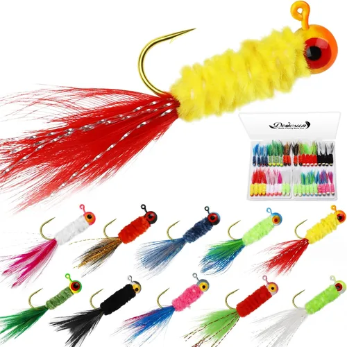 Dovesun Jigs de Crappie, cabezas de jig con plumas atadas a mano Jigs de Marabou Ice | Señuelos de pesca con mosca 10 colores 1/32 oz 1/16 oz 1/8 oz