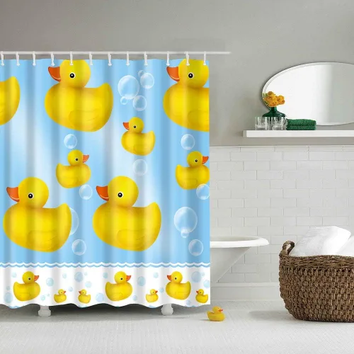 BOYOUTH Cortina de ducha con estampado digital de pato amarillo y burbujas para decoración de baño, cortina de baño de tela impermeable de poliéster