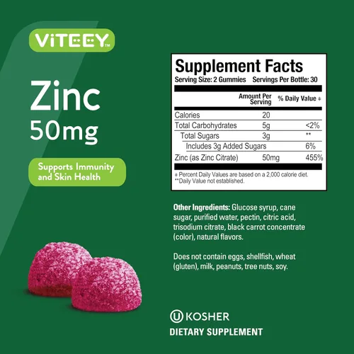 Miniatura 4 de Viteey Gomitas de zinc para hombres y mujeres - Suplementos de zinc 50mg Impulso inmunológico y salud de la piel, vegano, sin gluten, 60
