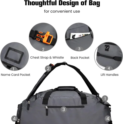 Miniatura 4 de G4Free Bolsa de gimnasio de 60 L, bolsa de lona de 3 vías con compartimento para zapatos y bolsillo húmedo para hombres y mujeres, mochila de lona