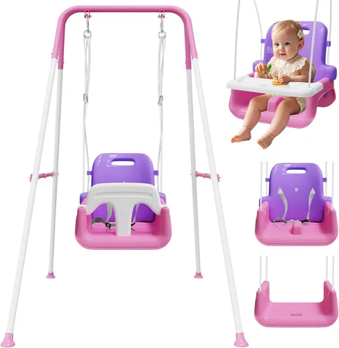 Miniatura 11 de Columpio mejorado para niños pequeños con bandeja, columpio para bebé al aire libre con diseño desmontable, cinturón de seguridad, marco plegable