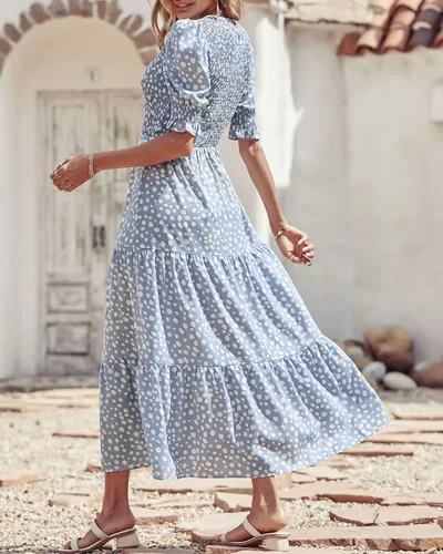 Miniatura 108 de BTFBM Vestidos para mujer, cuello redondo, casual, de verano, con volantes, manga corta, bohemio, con niveles, fruncido, largo, con estampado floral