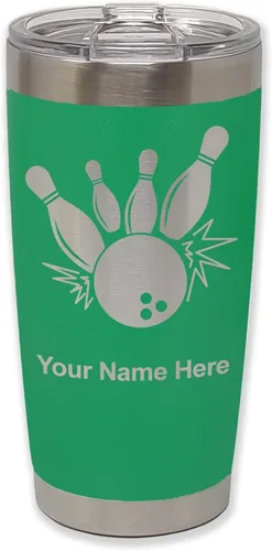 Miniatura 37 de LaserGram Vaso aislado al vacío de 20 onzas, bola de boliche y alfileres, grabado personalizado incluido (negro)