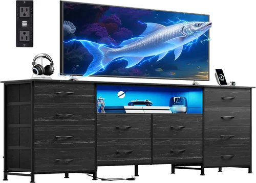 Miniatura 12 de WLIVE Soporte de TV de 75.5 pulgadas para TV de 65, 75, 80, 85 pulgadas, cómoda para dormitorio con tomas de corriente y luces LED, cómoda de tela