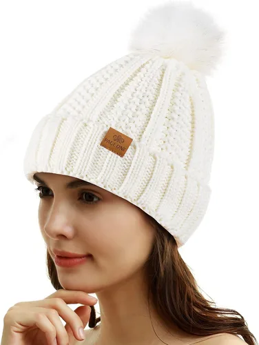 Miniatura 2 de PAGE ONE Womens Winter Thick Cable Knit Beanie Faux Fur Pom Hat Fleece Lined Skull Cap