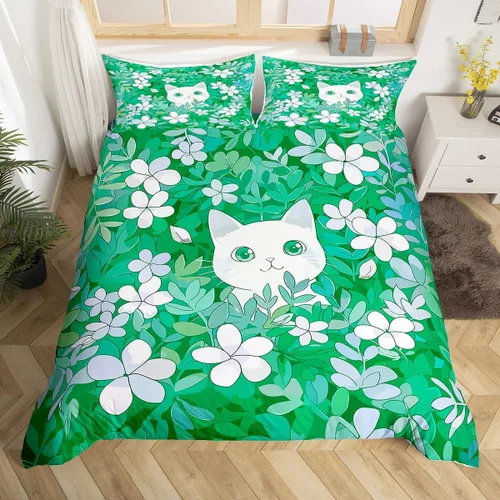 Miniatura 24 de Funda de edredón de gatos negros y blancos, juego de ropa de cama verde para niños, bonita funda de edredón de gatos para decoración de habitación