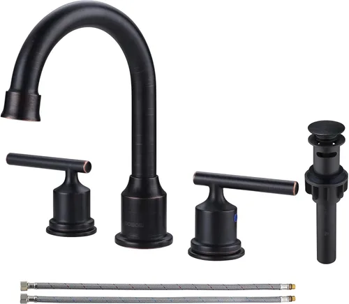 WOWOW Grifo de baño de 2 manijas de bronce aceitado grifo de lavabo de baño de 3 agujeros con drenaje emergente y mangueras de suministro grifo de