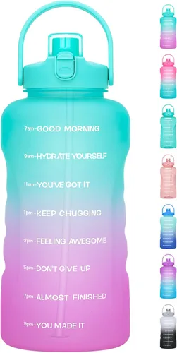 Miniatura 17 de Botella de agua de un galón con popote, 128 onzas (3.8 L), libre de BPA - Innovadora botella deportiva con tapa 2 en 1 con recordatorios Jacaranda