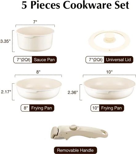 Miniatura 2 de Juego de utensilios de cocina de cerámica antiadherente blanca, juego de 5 piezas con asas desmontables, perfecto para cocinar todos los días