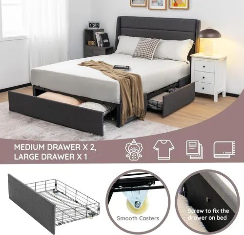 Miniatura 4 de Giantex Base de cama con 3 cajones, plataforma resistente de tamaño matrimonial con listones de madera, base de colchón con marco resistente,