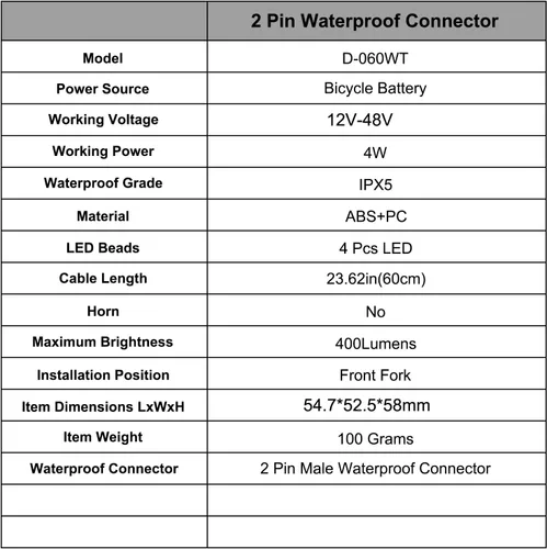 Miniatura 7 de Faro eléctrico para bicicleta, 4 piezas LED de 400 lúmenes, compatible con 24 V, 36 V, 48 V, conector impermeable de 2 pines, luz delantera