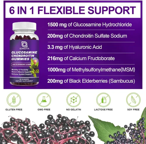 Miniatura 3 de Gomitas de condroitina de glucosamina, paquete de 3, extra fuerte de 1500 mg de glucosamina con MSM y saúco, apoyo de flexibilidad, el mejor 60
