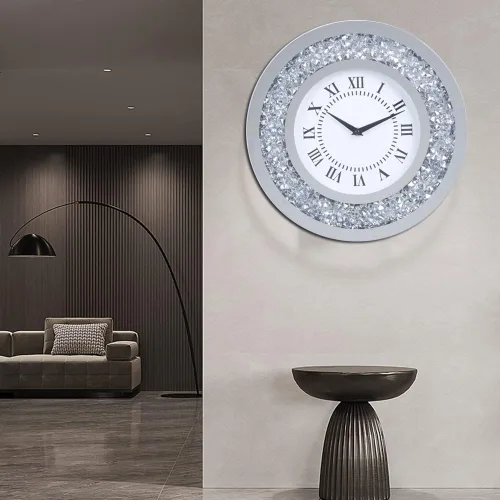 Miniatura 5 de Reloj de pared grande con espejo plateado brillante brillante brillante con diamantes para decoración de pared, espejo de cristal plateado