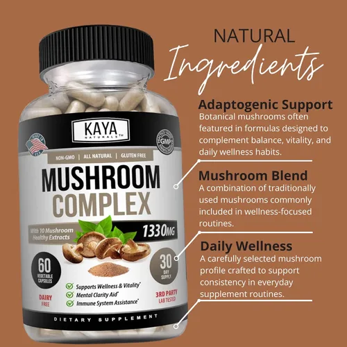 Miniatura 5 de Kaya Naturals Complejo de hongos premium potente, cápsulas complejas de hongos de 1330 mg por porción, ayuda a la claridad mental que apoya