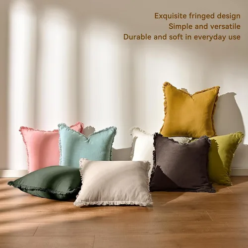 Miniatura 4 de AmHoo Paquete de 2 fundas de almohada de lino con borlas con flecos decorativas rústicas naturales para cojín de sofá, sofá, dormitorio 16 x 16 Beige