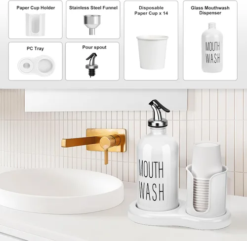 Miniatura 5 de Dispensador de enjuague bucal para baño, dispensador de enjuague bucal BYAWAY con portavasos, 14 vasos de enjuague bucal y embudo, recipiente