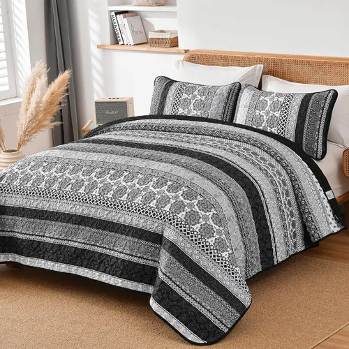 Miniatura 2 de WONGS BEDDING Juego de Edredón Boho Tamaño Full, Juego de Edredones Bohemios Grises de 3 Piezas, Juego de Ropa de Cama Cubrecama de Microfibra