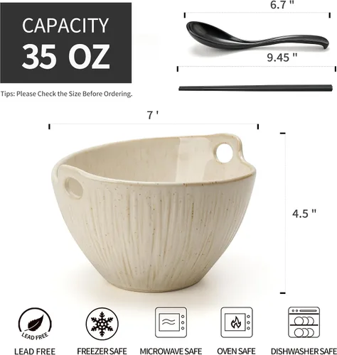 Miniatura 3 de Donburi - Juego de 2 cuencos de cerámica para fideos con palillos y cucharas, juego de 2 cuencos Donburi aptos para lavavajillas para pasta