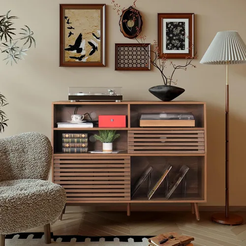 Miniatura 3 de Jluomei Soporte grande para tocadiscos, soporte para tocadiscos de mediados de siglo con puertas y estación de carga, mesa para tocadiscos
