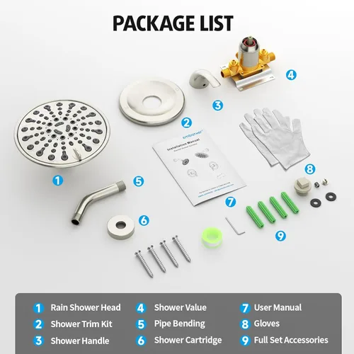 Miniatura 8 de EMBATHER - Juego de grifo de ducha de níquel cepillado, accesorios de ducha con cabezal de ducha de lluvia de 6 pulgadas, válvula de ducha
