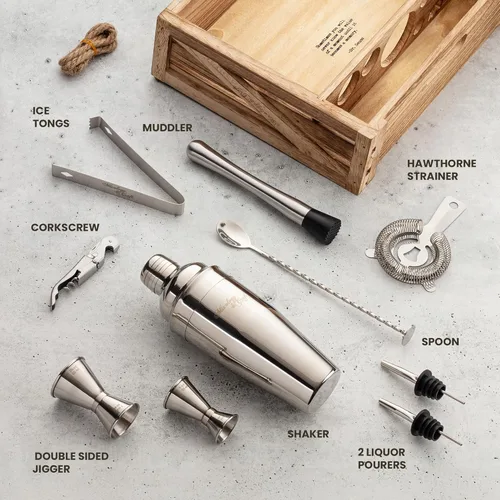 Miniatura 6 de Conjunto de accesorios para cócteles y bar con soporte de madera rústica Plateado