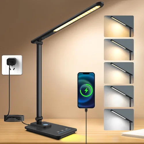 Miniatura 15 de Lámpara de escritorio LED para oficina en casa, puerto de carga USB, luz de escritorio de lectura con 5 temperaturas de color, atenuación continua