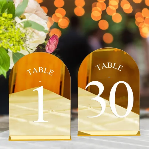 Miniatura 17 de JOYIT Números de Mesa de Boda en Arco 1-10 con Soportes – Letreros Acrílicos Impresos por Ambos Lados de 5" X 7" con Fondo Negro y Texto Blanco