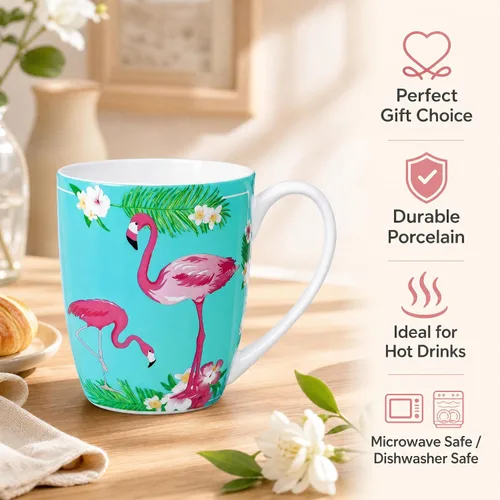 Miniatura 2 de Taza de porcelana de hueso flamenco de 12.5 oz con plantas tropicales Porcelana de hueso ligera, ideal para los amantes del flamenco, taza de café