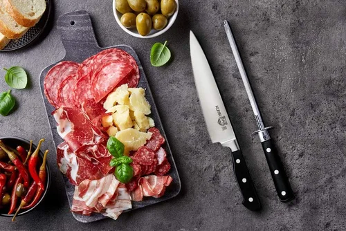 Miniatura 5 de KUMA Chef Knife Pro Bolster Edition y juego de afiladores de cuchillos de cocina, cuchillo de chef de 8 pulgadas para tallar, rebanar y afilar