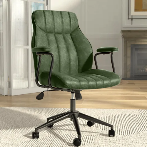 Silla de escritorio de cuero verde Bananister con ruedas y brazos, altura ajustable, estilo vintage, moderno de mediados de siglo