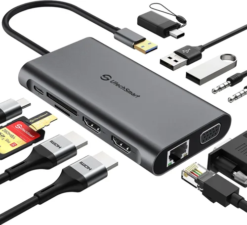 Miniatura 9 de UtechSmart Estación de acoplamiento USB, 11 en 1 USB C Dock triple pantalla, estación de acoplamiento USB 3.0 para laptop con doble HDMI, VGA, PD