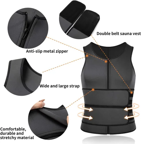Miniatura 4 de SHAPERIN - Chaleco de neopreno para hombre, faja reductora efecto sauna, estilo camiseta sin mangas con zíper y dos cinturones Gris