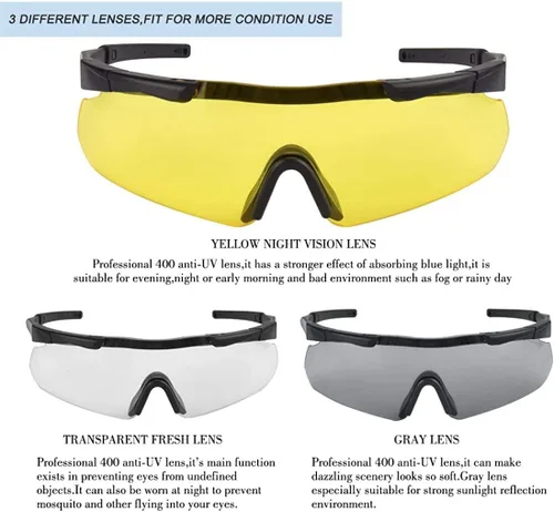 Miniatura 5 de GALAXYLENSE ICE - Gafas tácticas de combate para hombres, gafas de disparo, gafas de caza, lentes de repuesto de 3 colores Negro